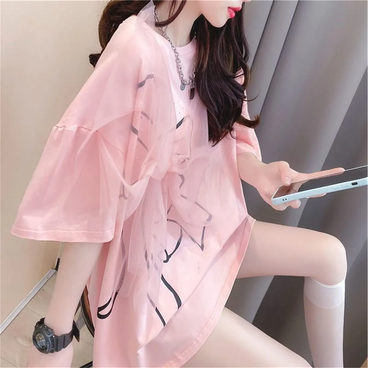 

Pink Bowknot T Shirt Oversized Clothes Streetwear Girls Funny Tees Cool Summer Loose High Street Couple Japan Cotton T Shirt