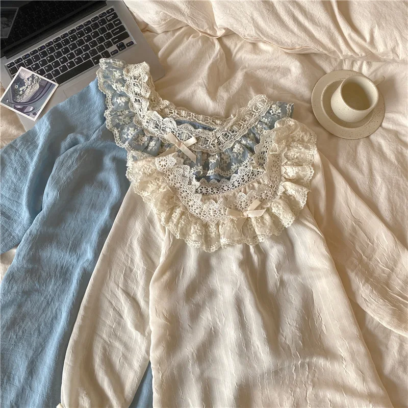 Qweek Women's Sleepwear Cotton Spring Nightgown Cute Bow Ruffles Princess Style Nighty for Ladies Sleepshirts Summer Mid Calf