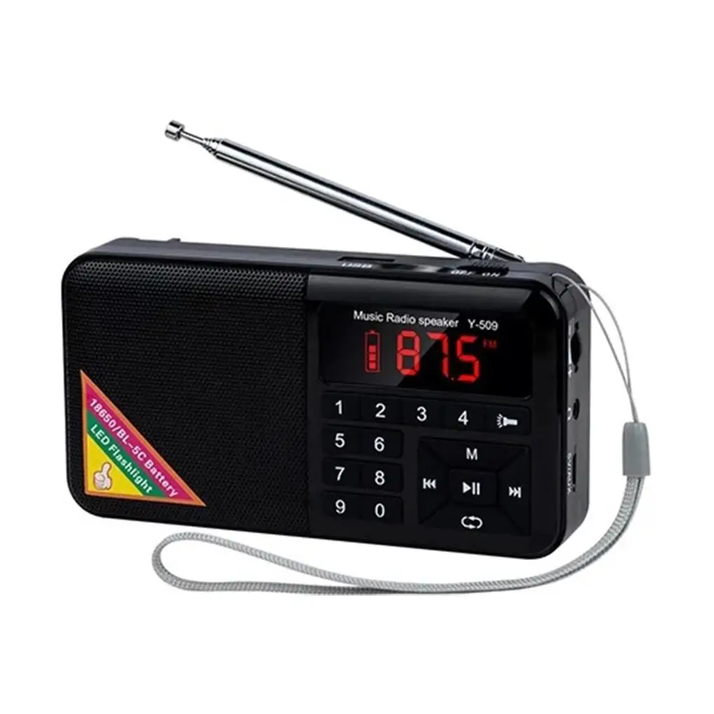 

Y-509 Portable FM Radio Mini Digital Raido Speaker with LED Flashlight Screen Display MP3 Music Player