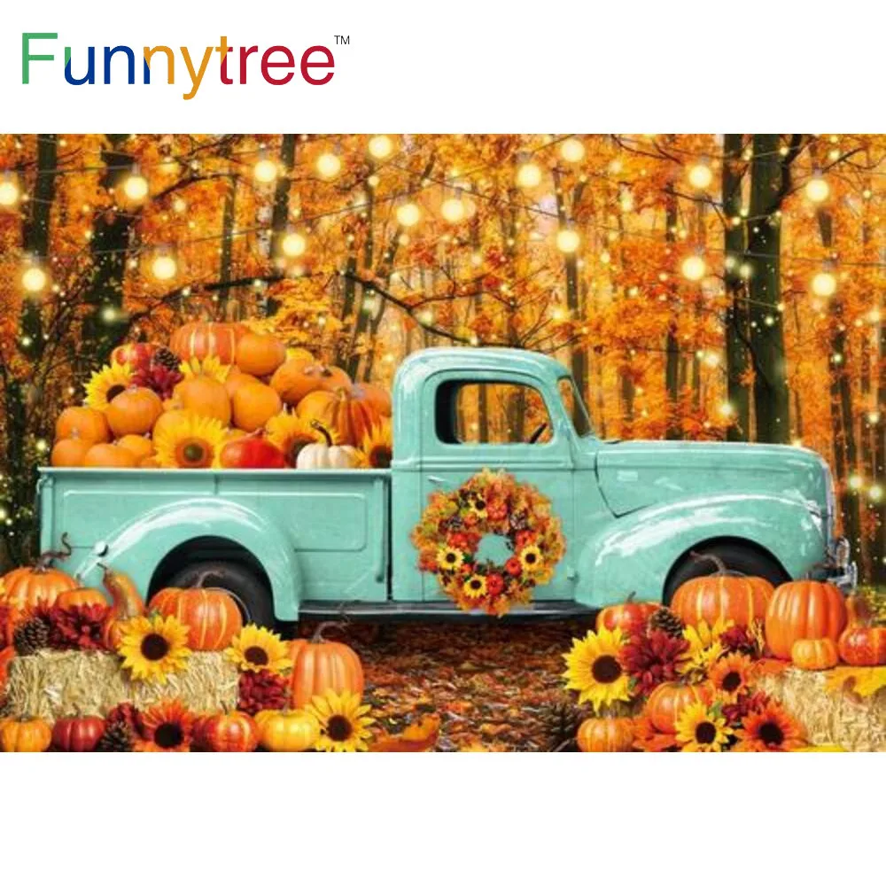 

Funnytree осенний тыквенный фон грузовик венок День благодарения подсолнухи урожай портрет осенний декор фон для фотофона