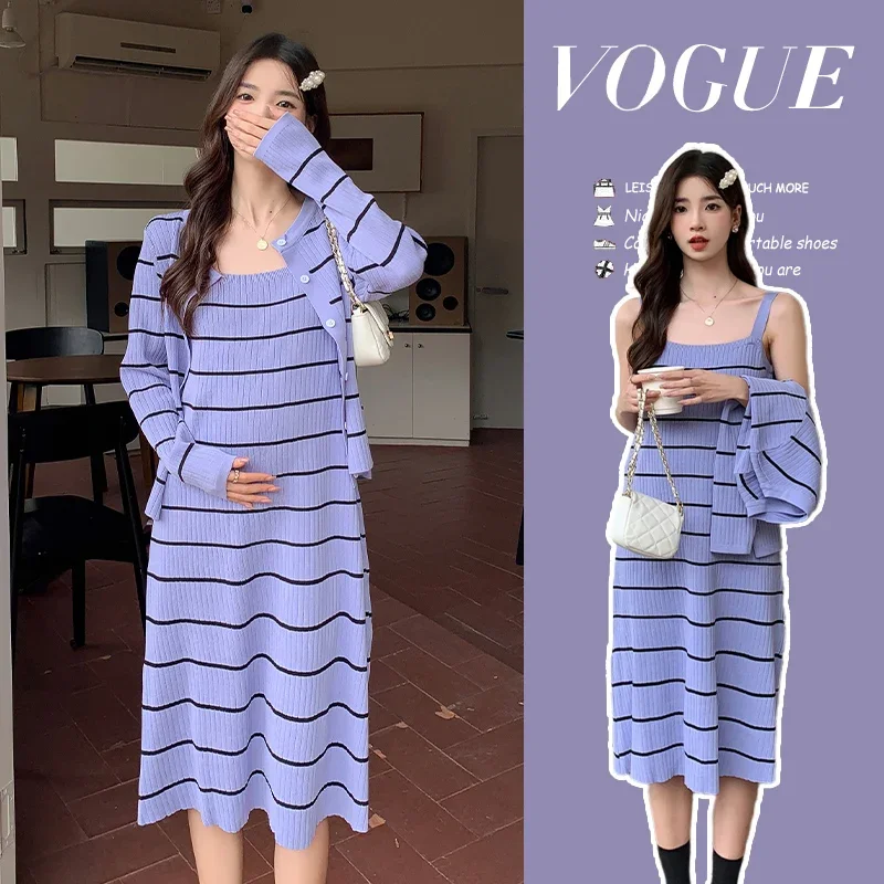 Осенний комплект одежды для беременных полосатые вязаные кардиганы с длинными