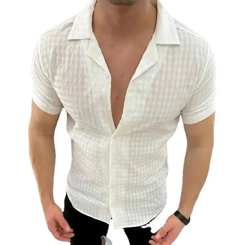 Summer Men's Solid Color Button Short Sleeve Shirt Slim Fit Casual Lapel Cardigan Top
