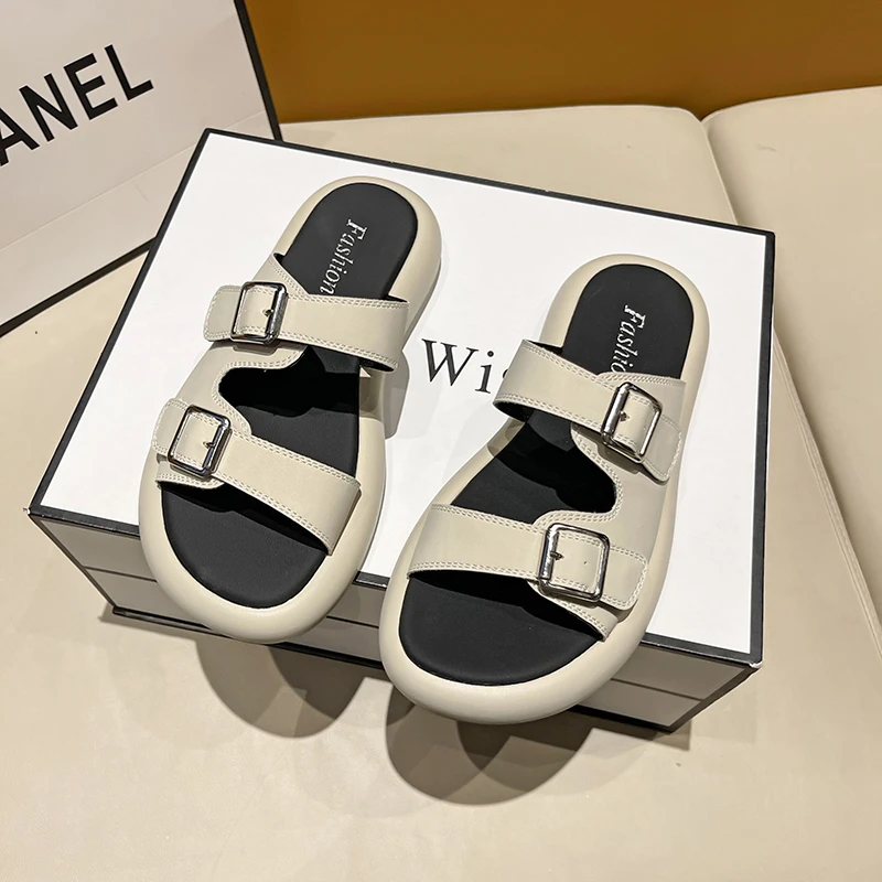 

Sandals for Women Leather Metal Detailed Ankle Buckle Strap Summer Beach Ladies Slippers Women's Sandals Low Heel Shoes Slippers