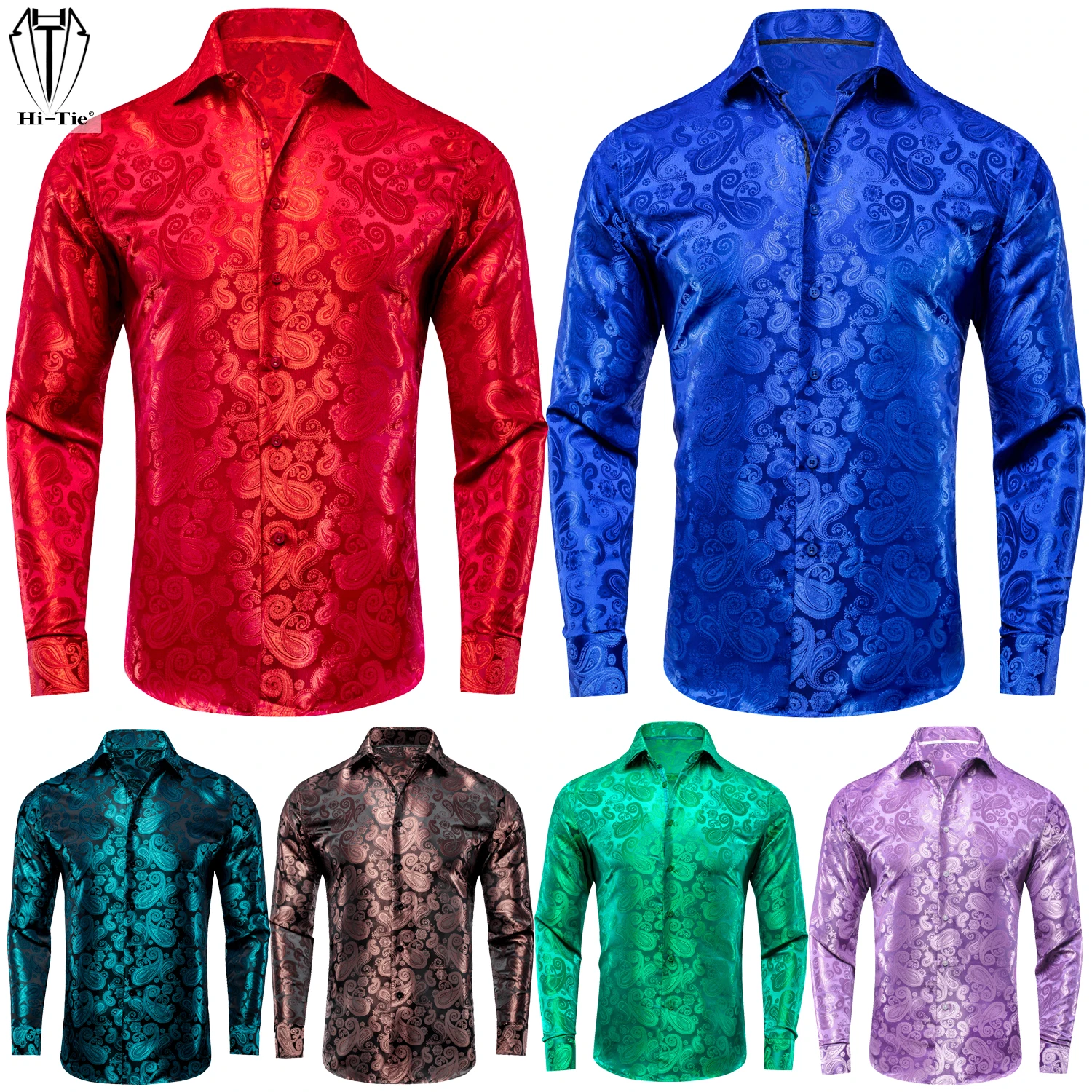 Hi-Tie Jacquard Silk Mens Shirts Lapel Long Sleeve Wedding Business Shirt Cowboy High Quality Blue Gold Green Red White Black