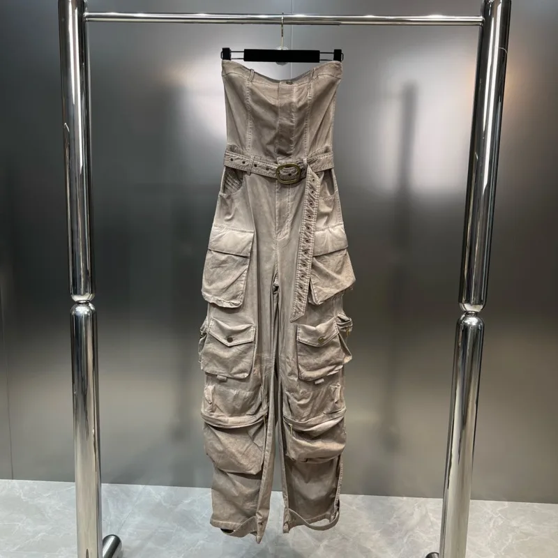

BORVEMAYS Street Women Jumpsuits Sleeveless Solid Color High Waist Belt Multiple Pockets 2023 Summer Casual Trousers WZ3564