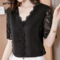 elegant fashion casual solid color lace patchwork chiffon shirt summer 2022 new v neck short sleeve loose blouse female clothing
