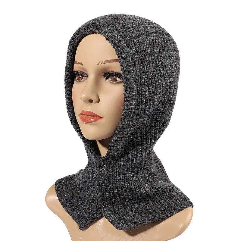 

New Autumn and Winter Men's and Women's Solid Color Knitted Wool Snap-Button Conjoined Hat Warm Scarf Neck Earmuff Hat