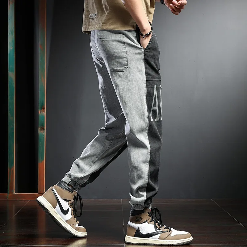 Summer Jeans Men Joggers Pencil Pants Streetwear Fashion Patchwork Gray Black Elastic Waist Drawstring Denim Trousers
