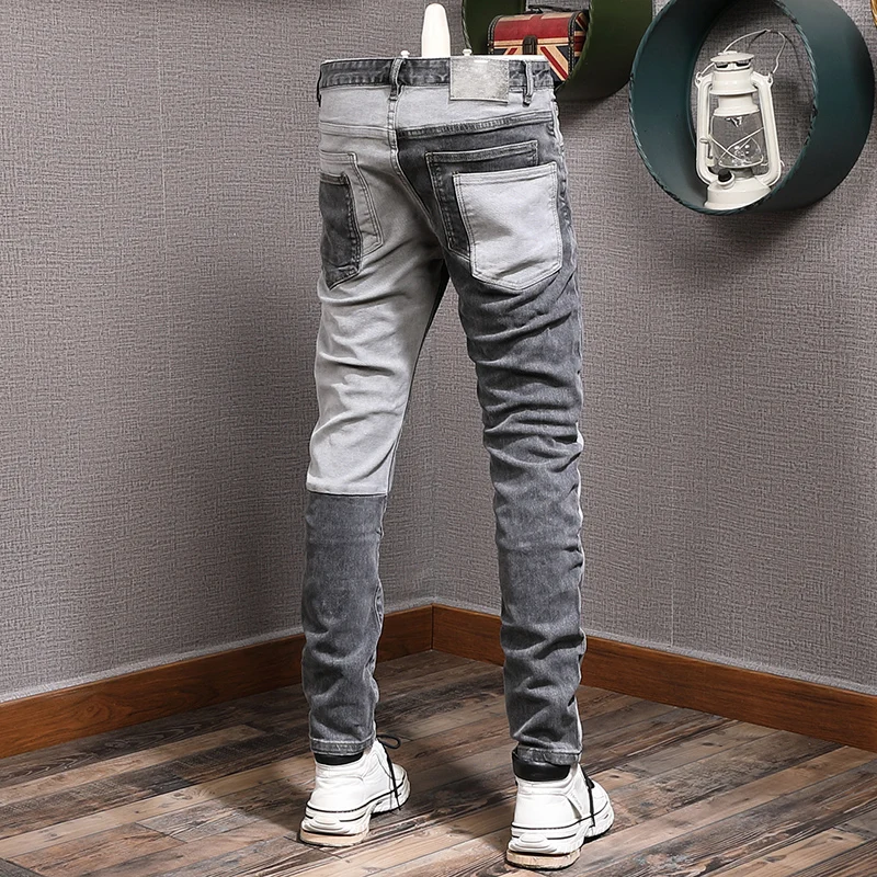 Fashion Streetwear Men Jeans Retro Gray Spliced Elastic Stretch Slim Fit Ripped Jeans Men Patch Designer Hip Hop Pants Hombre