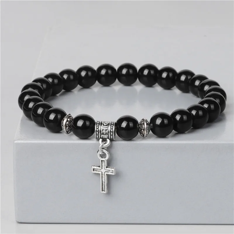 

Trendy Men Beads Bracelet Sliver Color Cross Pendant Bracelet Natural Turquoises Stone Bracelets Charm Women Healing Jewelry