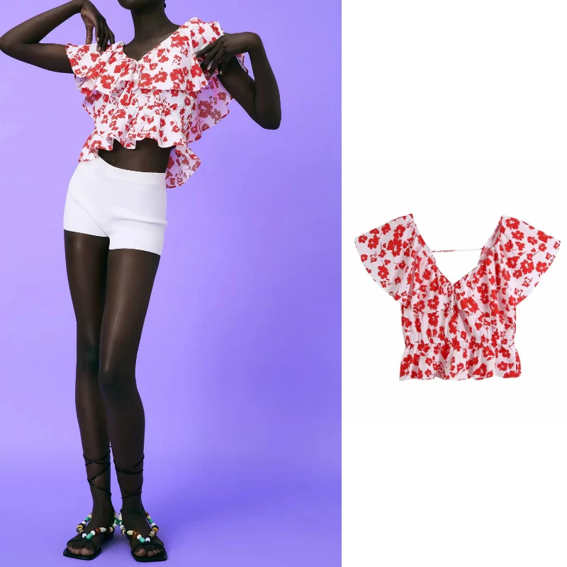 

Женская короткая блузка с цветочным принтом, V-образным вырезом и воланом