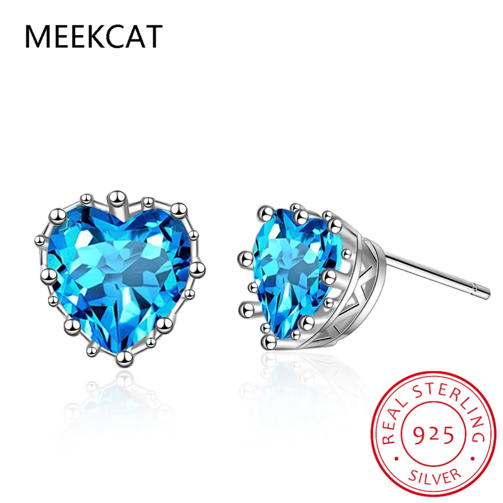

925 Sterling Silver Blue Heart Stud Earrings for Women Fine Jewelry Shining Blue Stone Love Ear Studs Wedding Luxury Gift BSE655