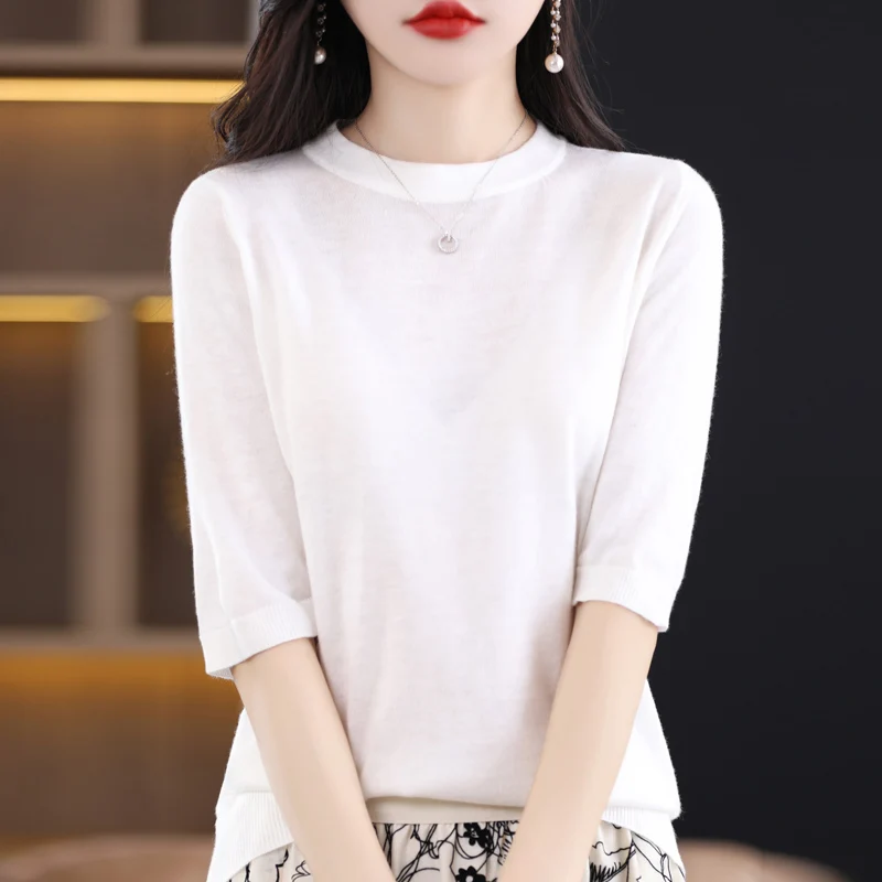 

Spring Wool Sweater Women Tops O-neck Half Sleeve Fashion Korean Thin Knitted Female Pullovers Loose Clothing New In Knitwears