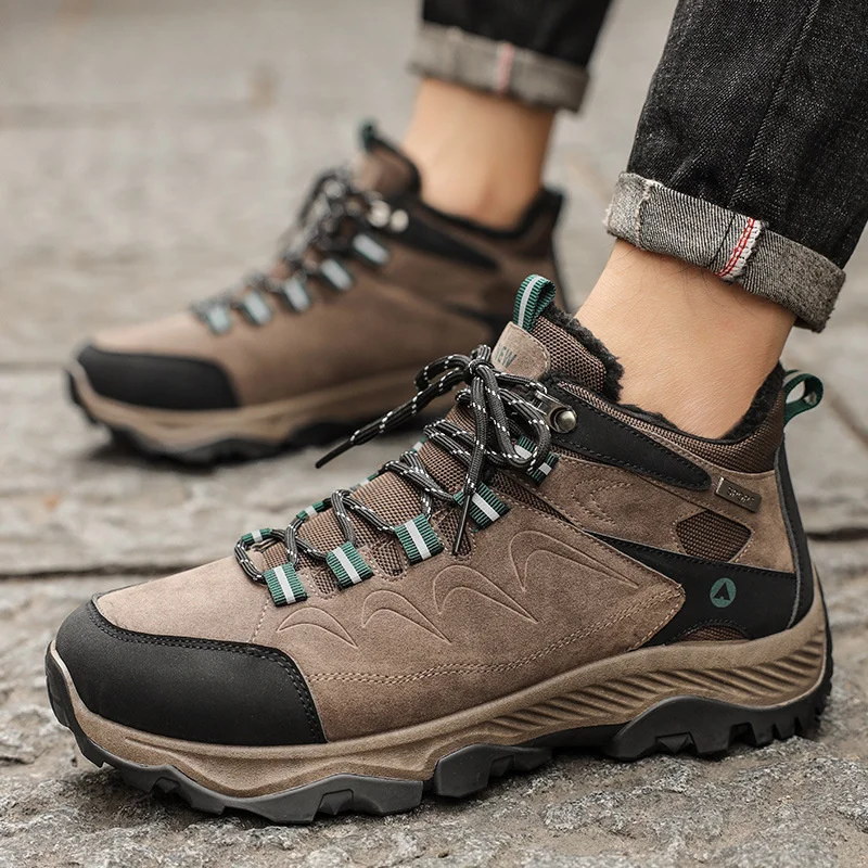 SALUDAS Men Winter Hiking Boots Leather Trekking Shoes Outdoor Fur Warm Waterproof Camping Hunting Boots Men's Winter Sneakers