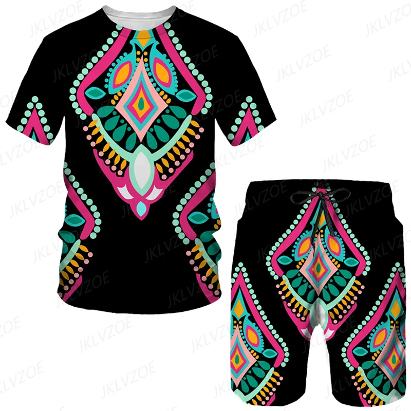2023 African Summer Men's Short Sleeve T-shirt Suit 2-piece Street Wear 3D Printed Sports Beach Shorts Sportswear Loose Clothing