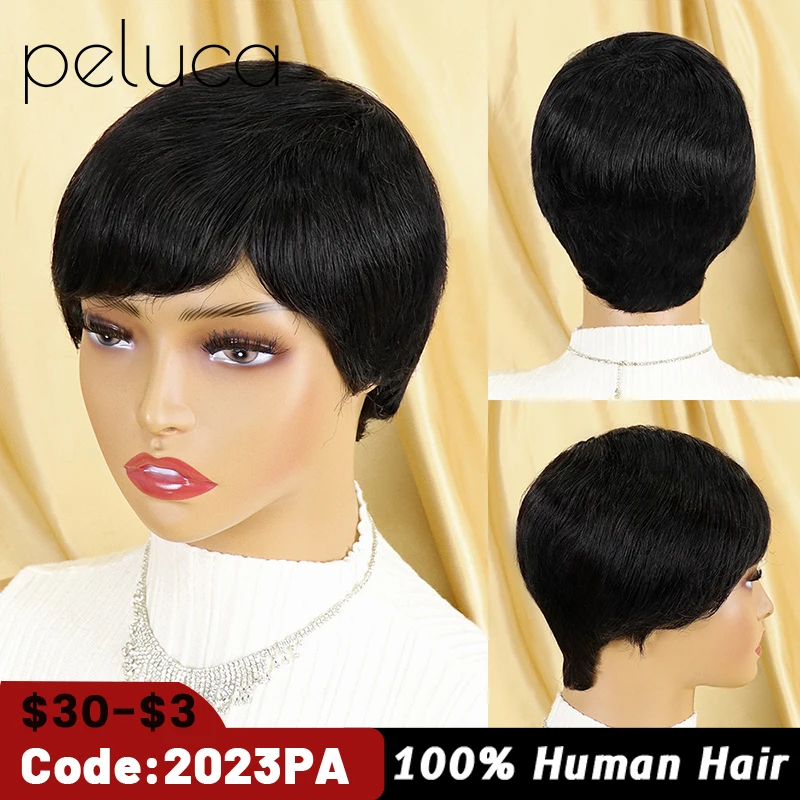 

Short Wigs For Women Human Hair Burgundy Color Full Machine Made Human Hair Wig Pixie Cut Wig With Bangs Brazilian Cheap Wig