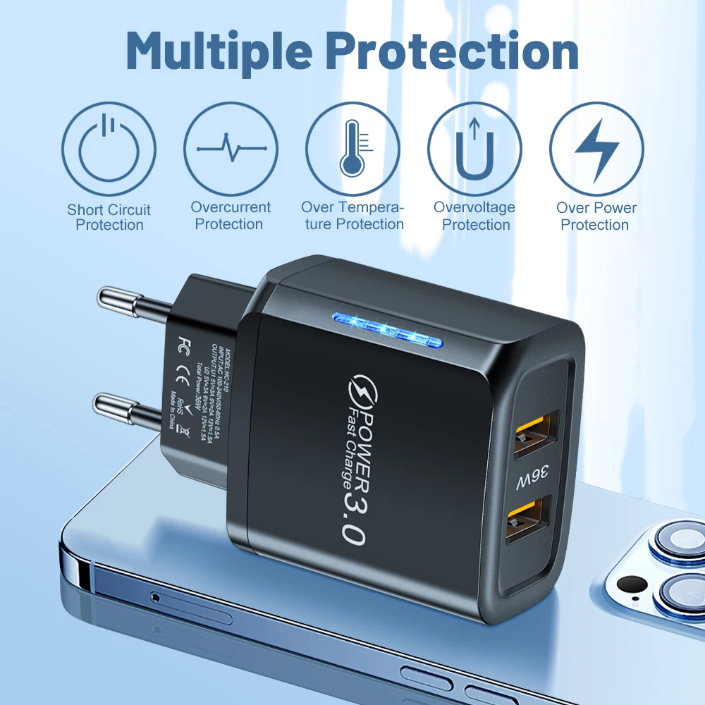 36W USB Charger Quick Charge 3.0 Dual Ports For Phone Adapter for iPhone 14 13 Tablet Portable Wall Mobile Charger Fast Charger