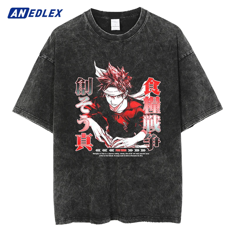 

Men Black Vintage T-Shirt Japanese Streetwear Anime Print Washed Tshirt Harajuku Summer Short Sleeve Cotton Oversize Tees