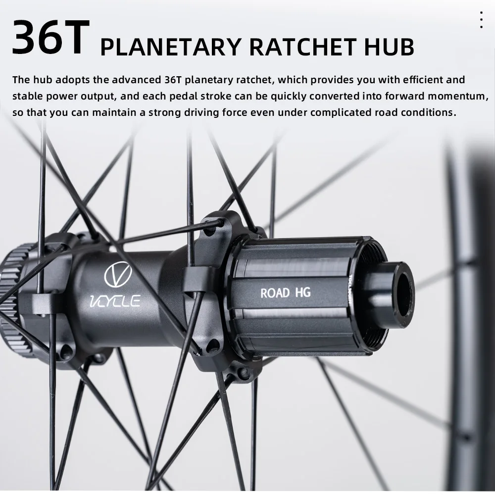 Фото Колеса VCYCLE VELO III Carbon Gravel, 1380 г, обод 36 мм, 24 отверстия, под дисковый тормоз, Tubeless Ready, 700C, легкие колеса для гравийных велосипедов №3
