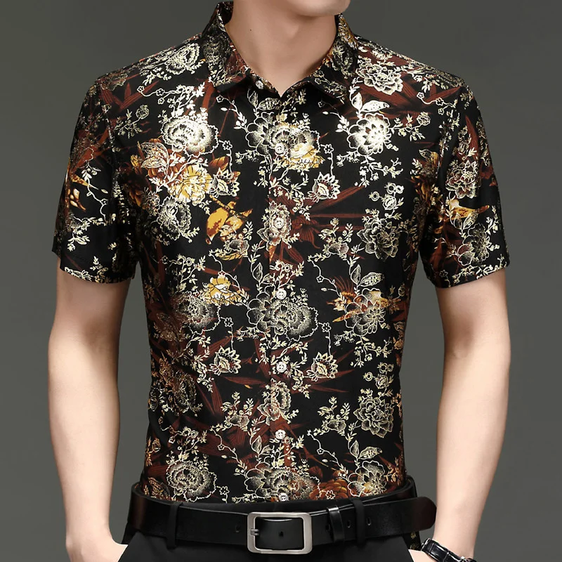 New Summer Mens Clothing Simple Stripes Ethnic Printing Beach Short Sleeve Blouse Casual Loose Male Thin Top Hawaiian Shirts