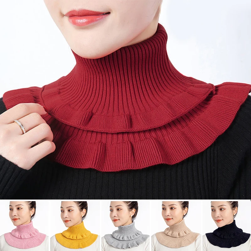 

Women's Neck Protect Collar Knit Ruffle Bib Fake Collar High-neck Thicker Pure Color Women High-stretch Winter More Versatile