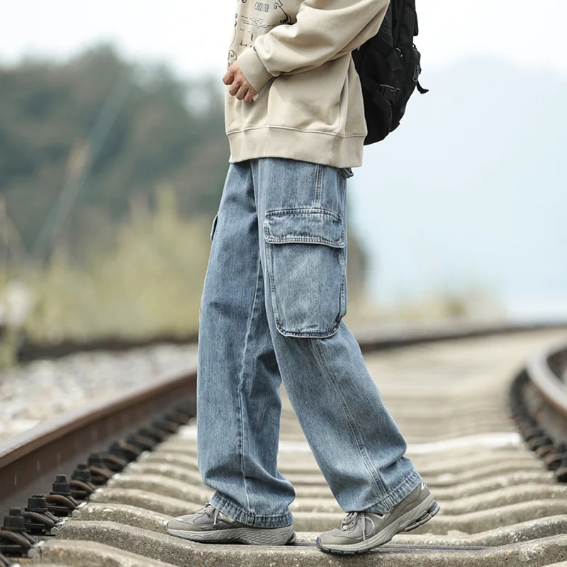 Streetwear Men Vintage Baggy Wide Leg Cargo Pants Versatile Temperament Mopping The Floor Straight Cylinder Jeans Winter Female