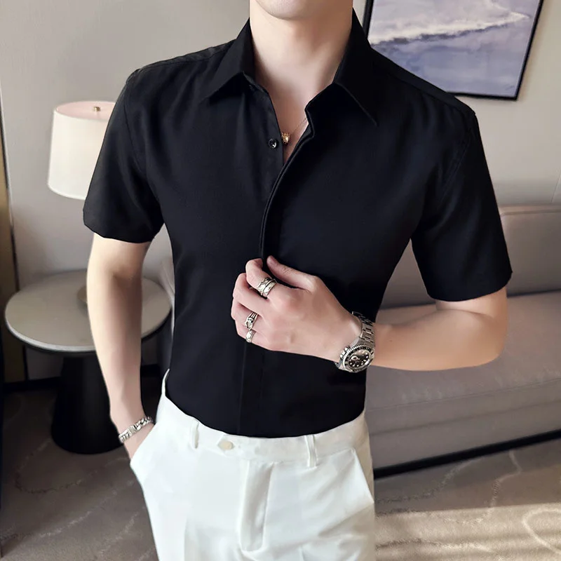 

2023 Men Luxury Brand Male Half Sleeve Hawaiian Shirts Casual Buckle Hit Color Slim Fit Black White Men's Dress Blouses S-3XL