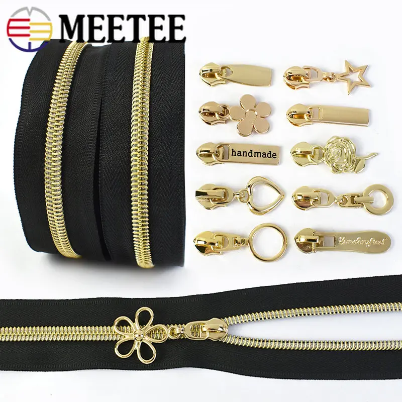 

2/4M 5# Sewing Nylon Zipper+LightGold Zippers Sliders Bag Pocket Zips Pull Head Clothing Zip Repair Kits DIY Accessories