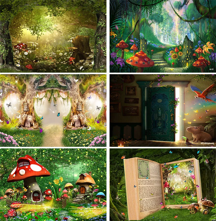 

Jungle Fairy Forest Decoration Birthday Photography Backdrops Girls Custom Alice In Wonderland Castle Mushroom Party Backgrounds