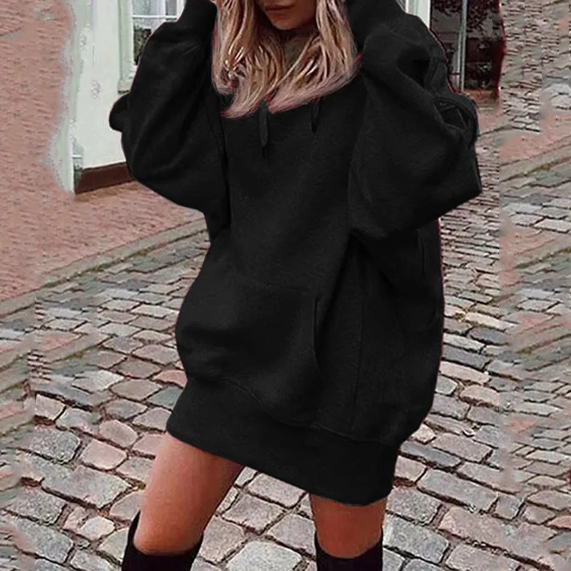 

2022 Fashion Spring Autumn Solid Casual Hooded Big Pocket Loose Oversized Dress Women's Clothing Vestidos Elegantes Para Mujer