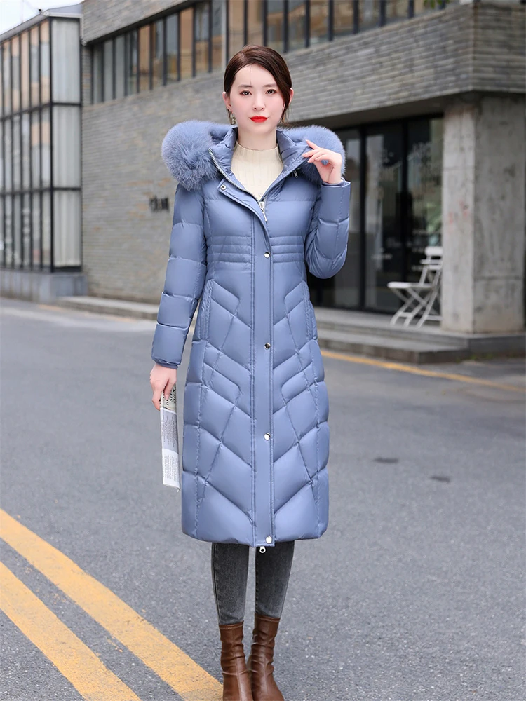 New Women Long Down Jacket Winter Casual Fashion Thicken Warm Real Fox Fur Collar White Duck Down Coat Slim Hooded Overcoat