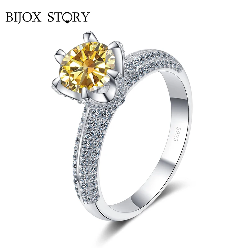 

BIJOX STORY Vintage 1CT/2CT Moissanite Ring Round Shape for Women New S925 Sterling Silver Fine Jewelry Wedding Engagement Ring