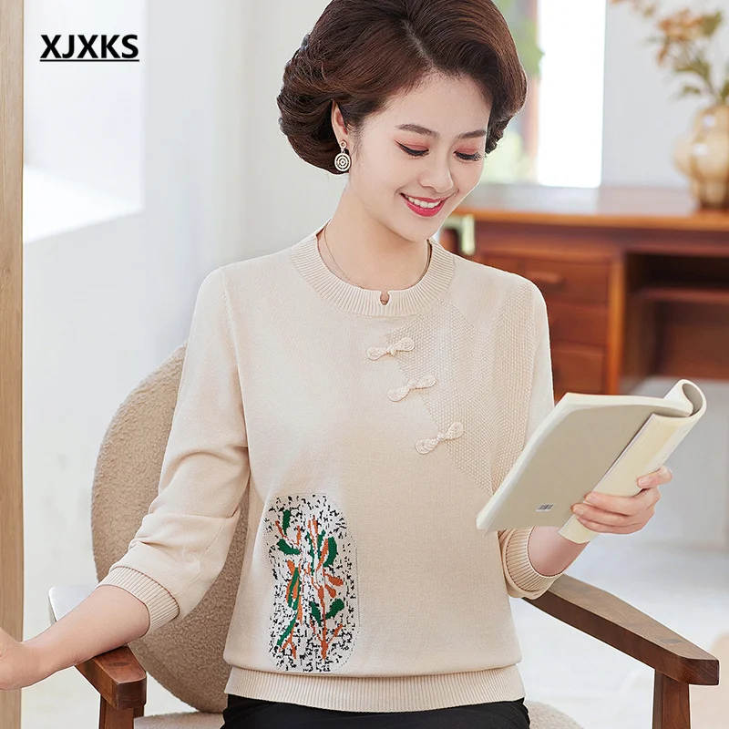

Модный женский свитер XJXKS с принтом, женский свитер в китайском стиле с круглым вырезом и длинными рукавами, новинка весны 2024, шерстяной вязаный пуловер