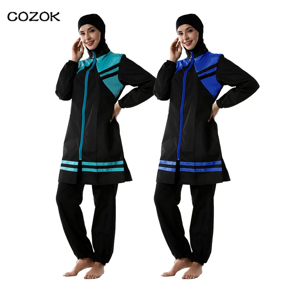 

2022 Women Conservative Chic Swimsuit Plus Soze Zipper Sportswear Three-piece Burkini Patchwork Muslim Swimwear With Cap Gril XL