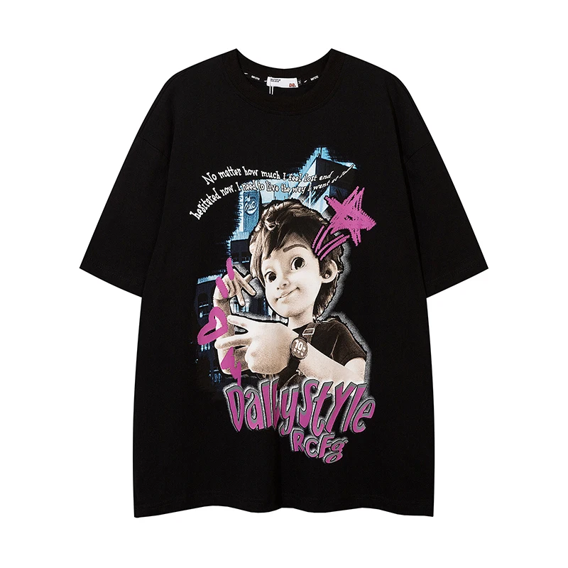 

Hip Hop Men T-Shirt Cartoon Boy Print Oversized Tops Cotton Harajuku Casual Loose Tee Summer Short Sleeve Streetwear Tshirt New