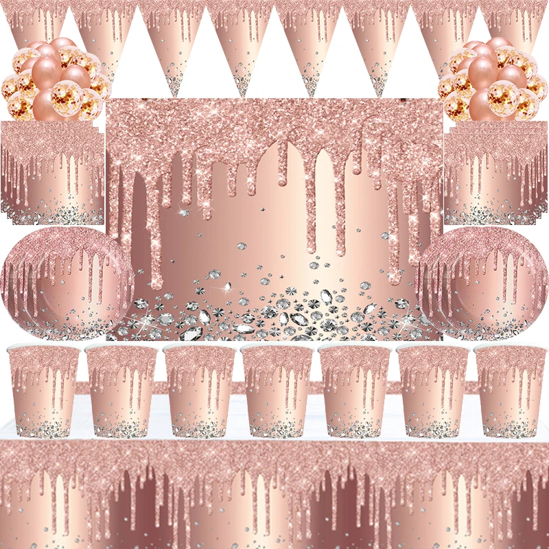 

Pink Rose Gold Party Supplies Wedding Party Decoration Diamond Glitter Pattern Plate Cup Napkin Tablecloth Birthday Party Decor