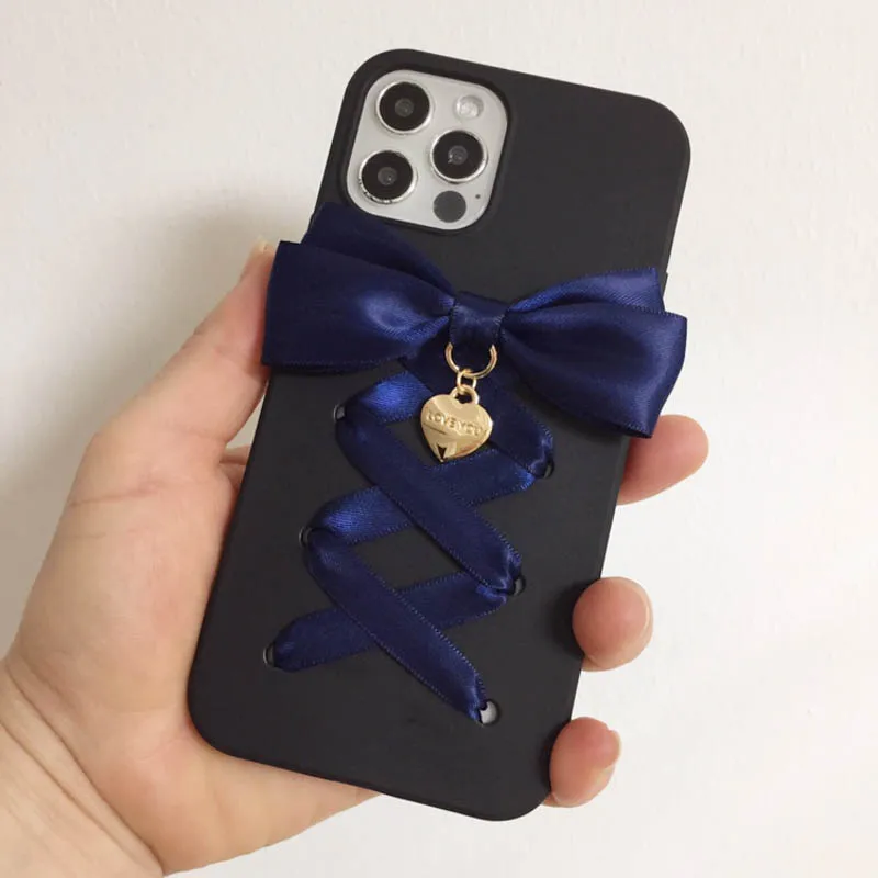 Фото Чехол для телефона Harajuku Y2k Lolita Girl с 3D лентой и бантом для iPhone 16, 15 Pro Max X XS XR Galaxy, черный глянцевый мягкий чехол №4
