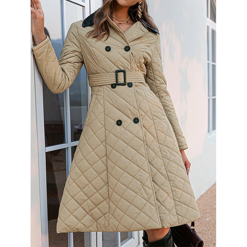 Autumn and Winter Lapel Double-breasted Lace-up Stitching Long Cotton Padded Jacket Brown Ladies Retro Windproof Cotton Jacket