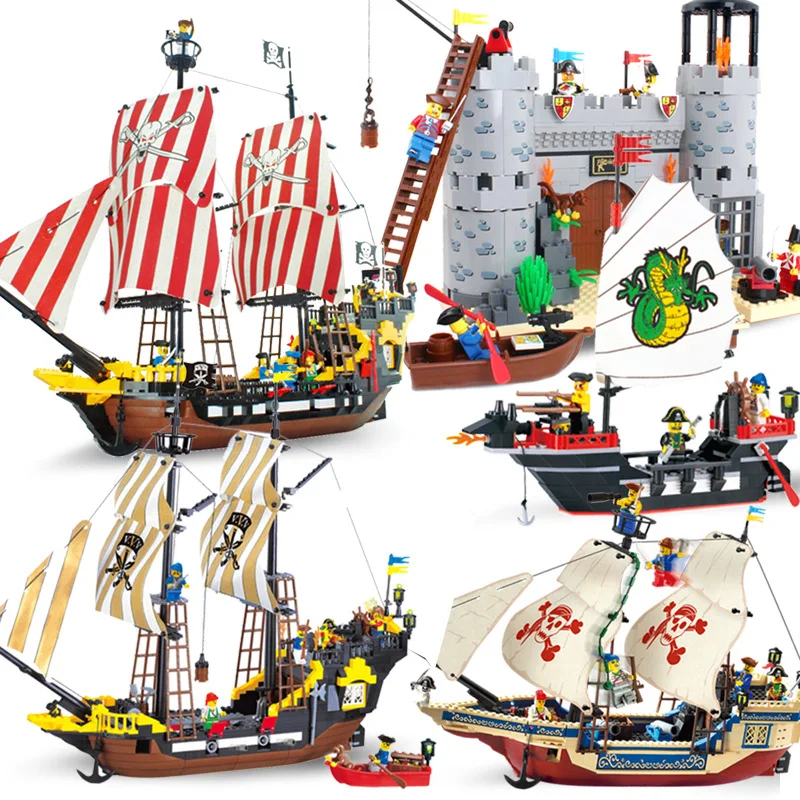 

Ideas Enlighten Big Black Pearl Pirate Ship Building Block Military Pirates Royal Guards Battle Castle Boat Model Bricks Toy