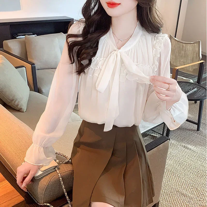 Женская шифоновая блузка с длинным рукавом V-образным вырезом