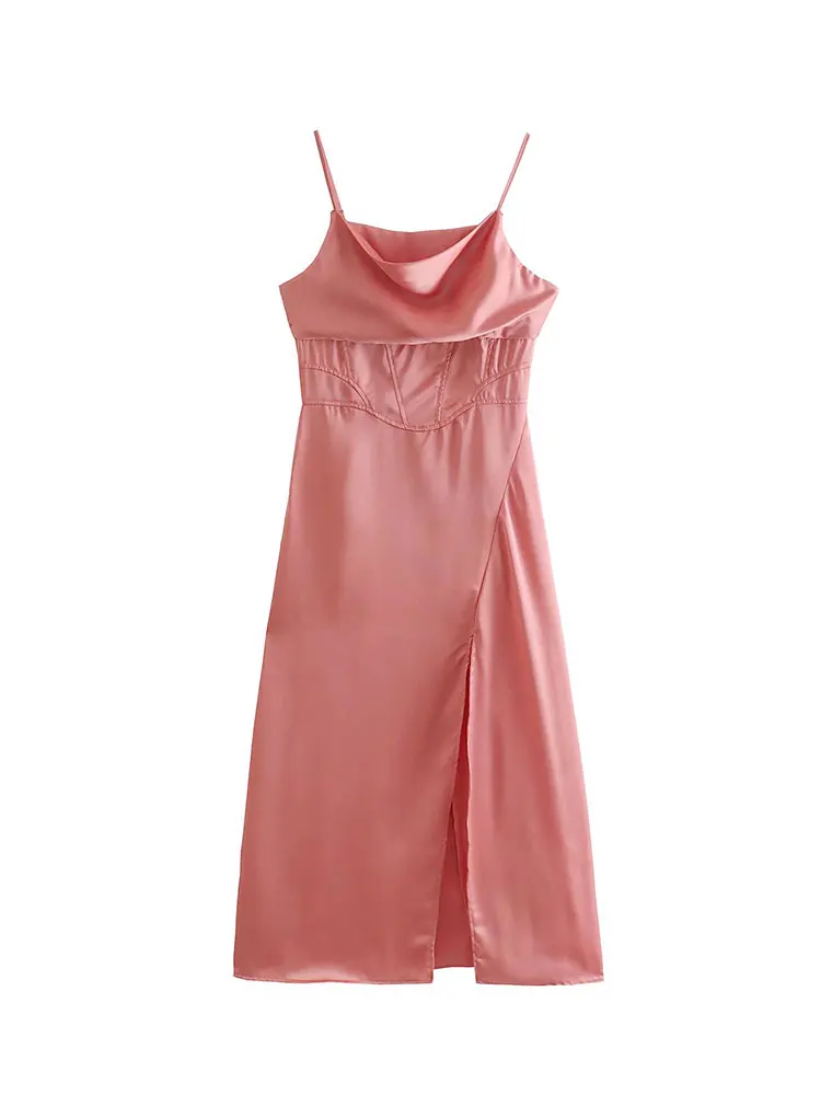 

Nlzgmsj ZBZA 2022 Women Chic Fashion Side Slit Cozy Midi Camisole Dress Vintage Backless Thin Straps Female Dresses Mujer 202203