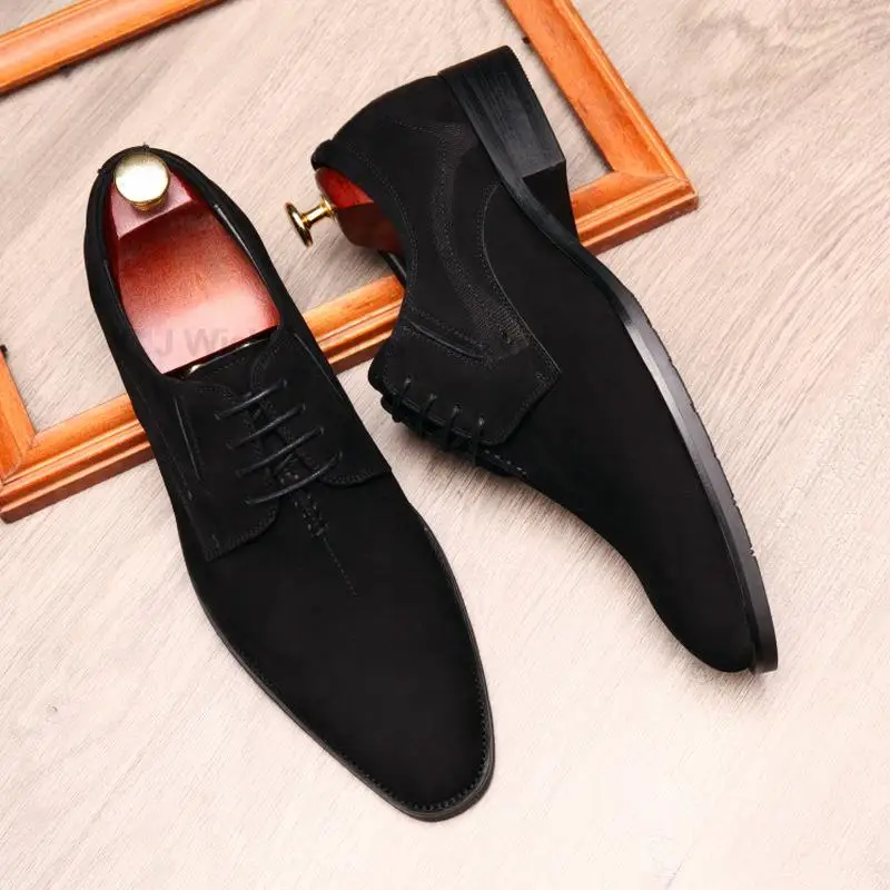 

Luxury Suede Men's Oxford Genuine Leather Shoes Men Dress Shoes Brown Black Pointed Tip Lace Up Wedding Business Formal Shoes