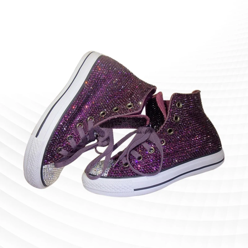 

Purple full drill high-top canvas shoes stitching rhinestones comfortable walking handmade rhinestone vulcanized shoes 35-41