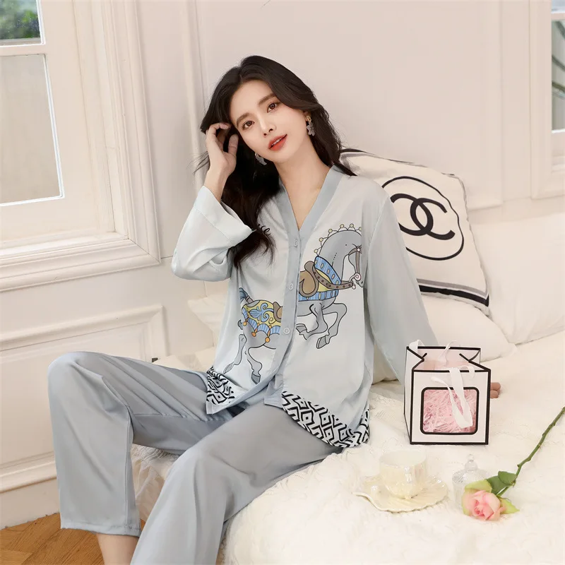 FALLINLAOE New Women's Pajamas Set Luxury Print Sleepwear V Neck Kimono Casual Homewear Satin Silk Like Nightwear Femme Petite