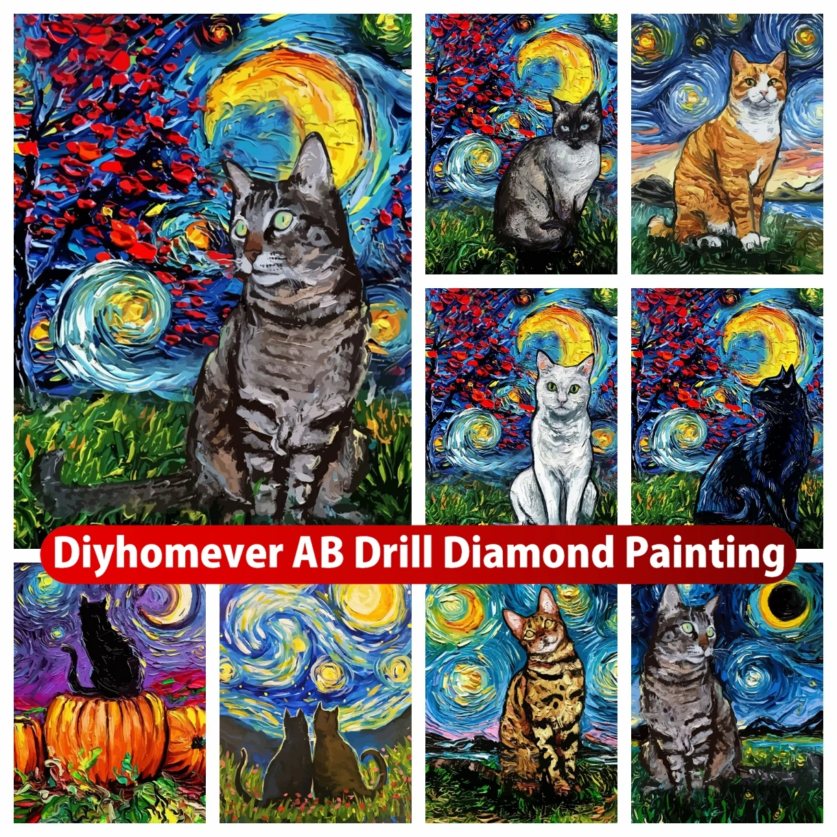 

The Cat Under Van Gogh's Starry Night AB Diamond Painting Embroidery Animal Cross Stitch Mosaic Picture Handicraft Home Decor