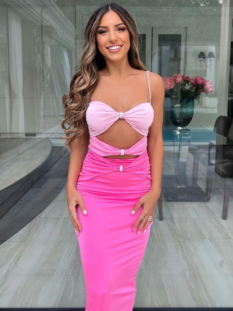 

Laxsesu Hollow Out Maxi Dress Pink Sexy Backless Diamond Chain Sling Dresses for Women 2023 Summer Birthday Party y2k Clothing