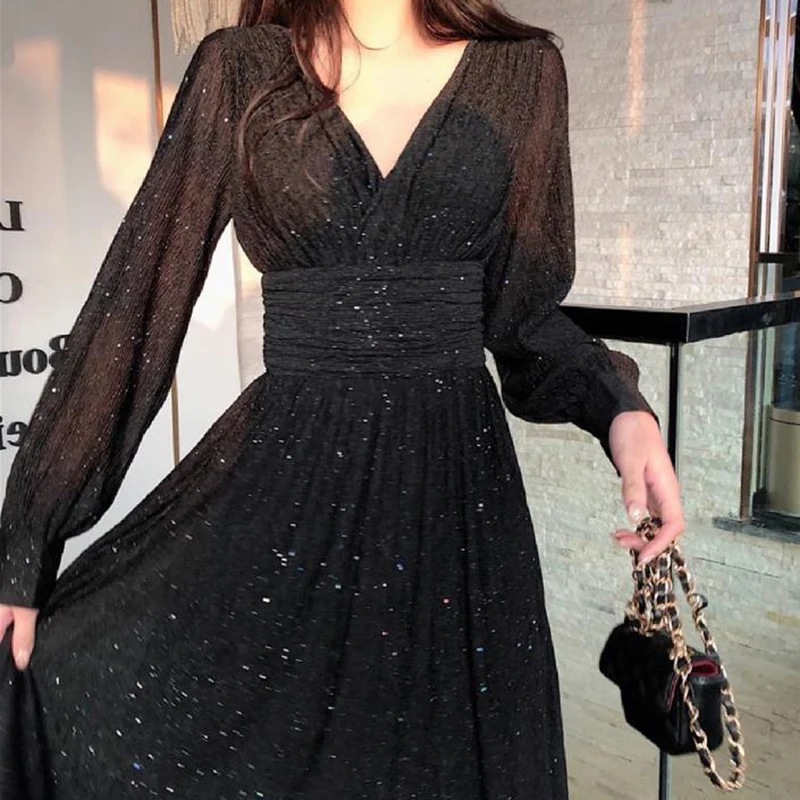 Lucyever Elegant Women A-line Maxi Dress 2022 Autumn Tulle Lantern Sleeves Party Dress Ladies Korean High Waist Long Vestidos