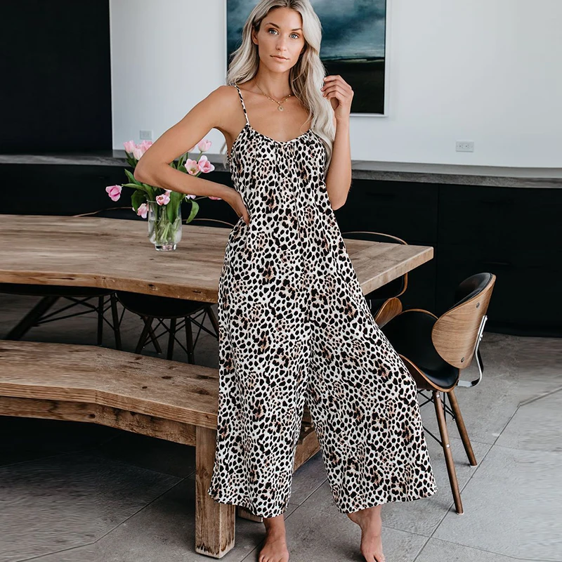 Sexy Jumpsuit for Women Summer Leopard Wide Leg Pants 2022 Fashion Female Overalls Clothing Casual Pink Vacation Outfits Romper