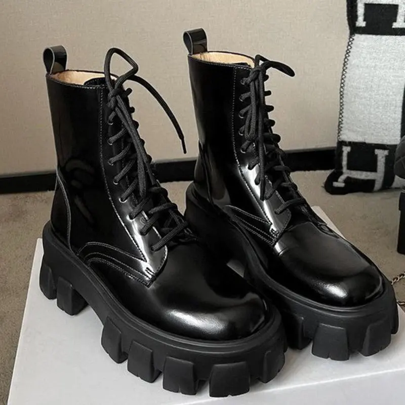 

Ankle Chelsea Chunky Mid Heels Punk Motorcycle Mujer Zapatillas Designer Brand Casual Lace Up Boots Winter New Goth Women Shoes
