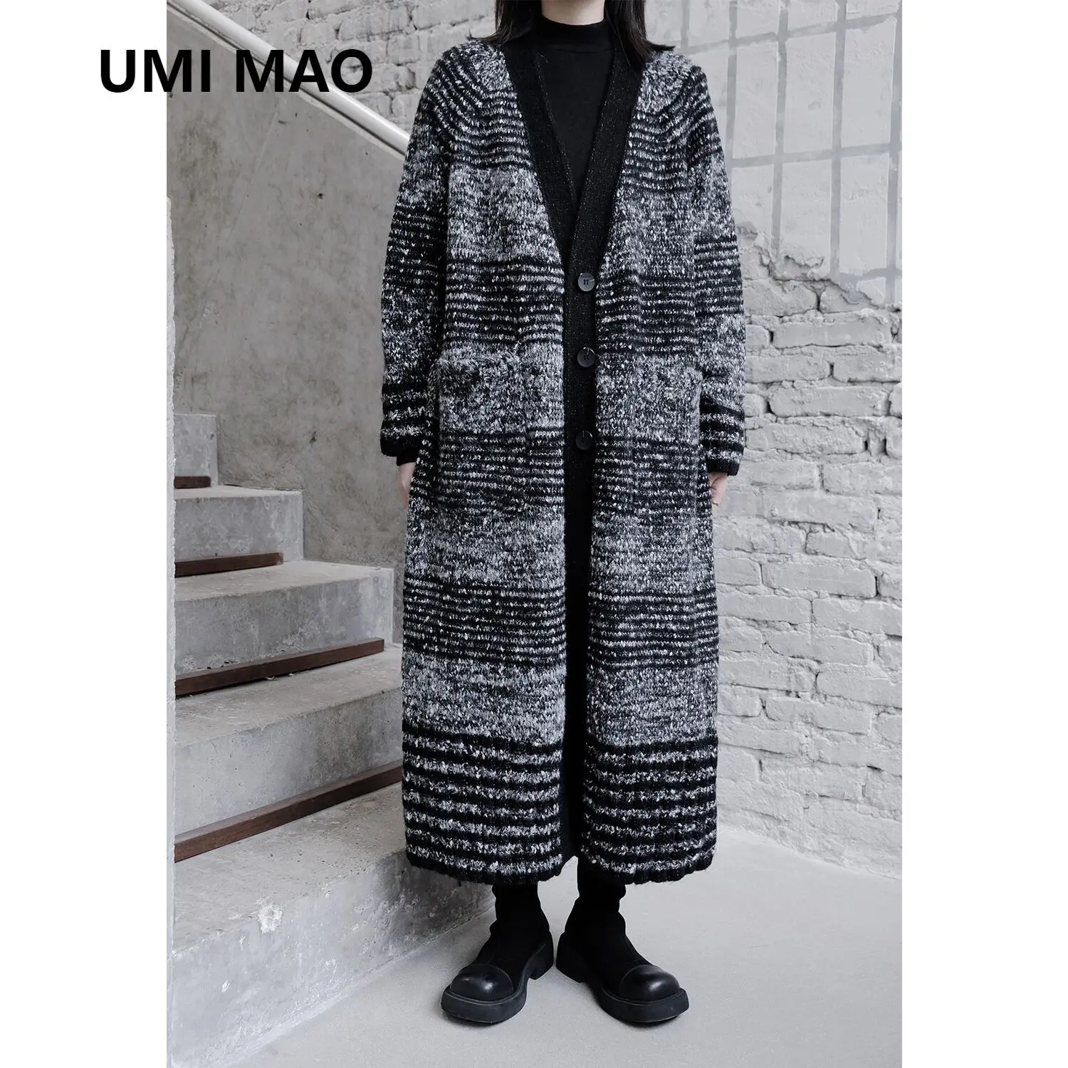 

UMI MAO Yamamoto Темный ленивый полосатый текстурный свитер длинный теплый плотный вязаный жакет Женская модная Корейская одежда Y2K